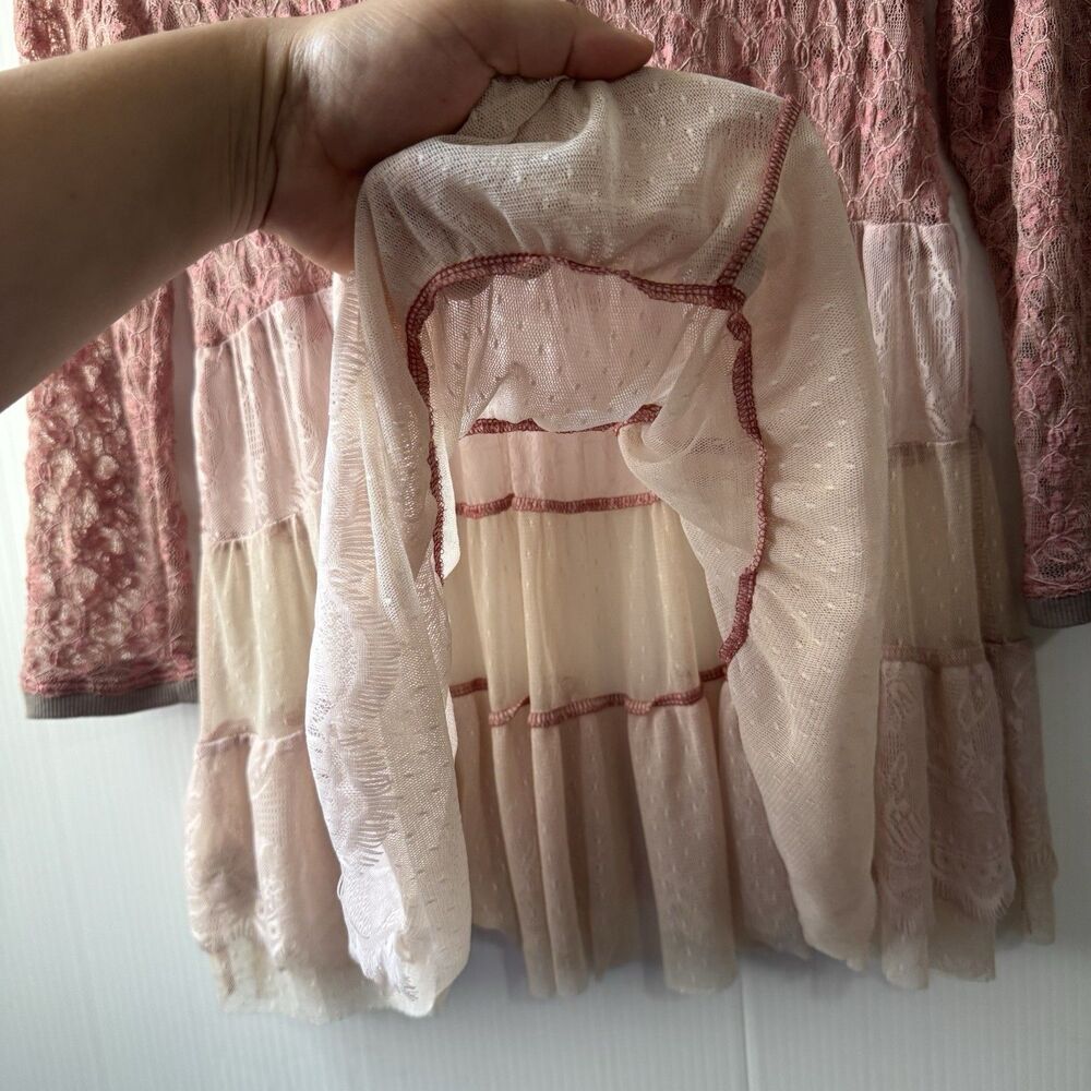 Free People Women XS Pink Lace Tiered Babydoll Tunic Top Boho Fairy Y2K Romantic - Picture 14 of 16